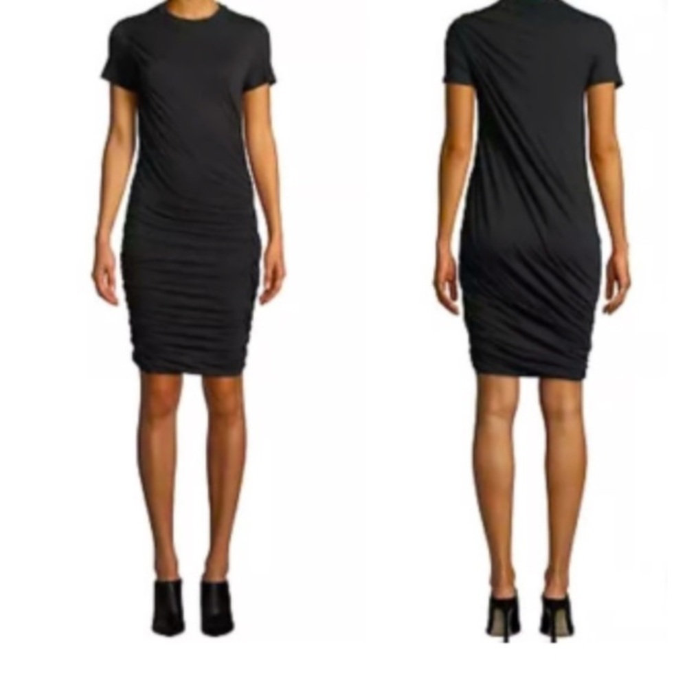Theory Women’s Black Draped Twist Shirred Ruched Stretch Midi Dress